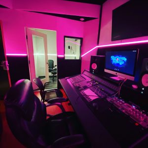 Recording studio with pink lights