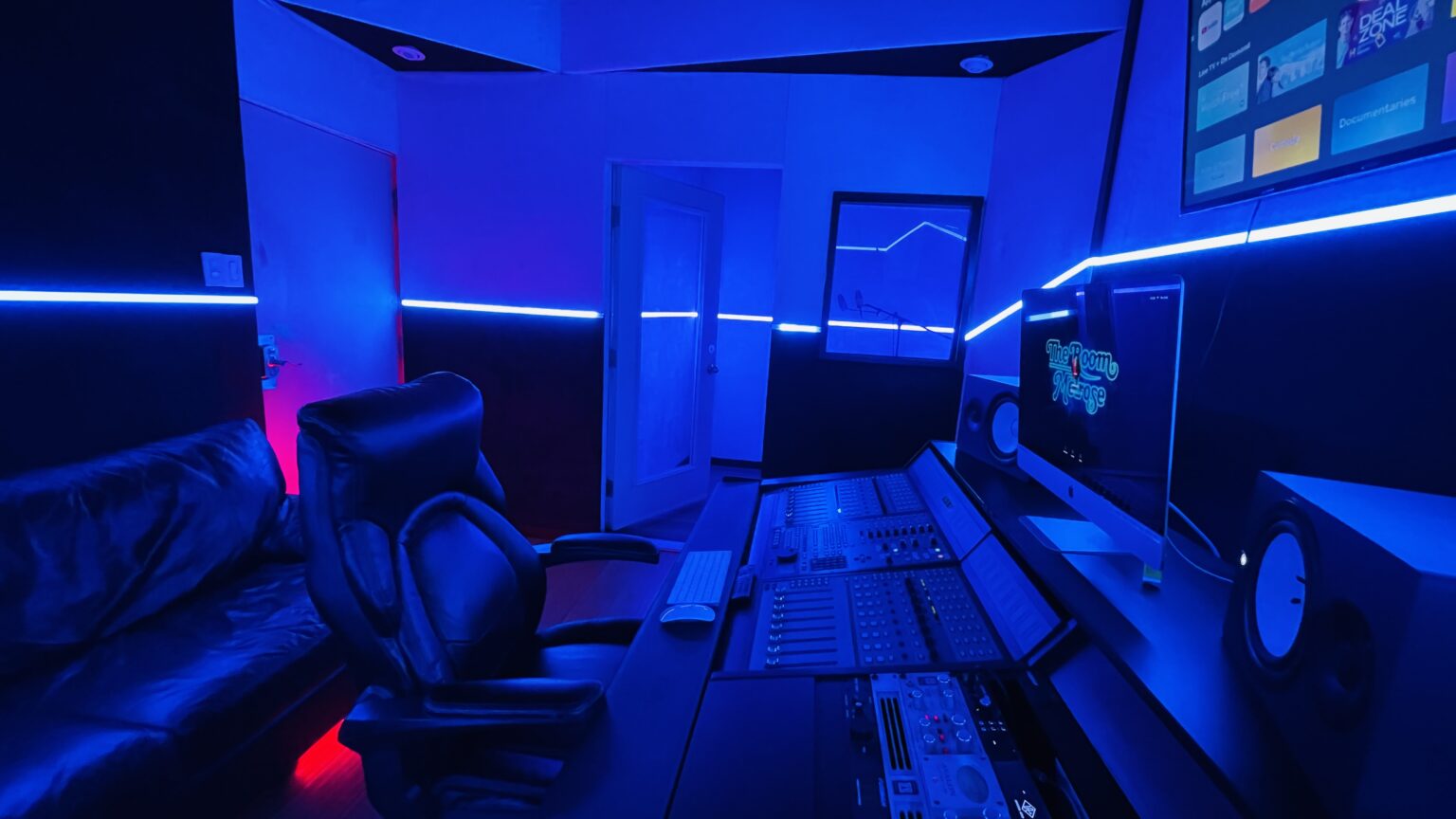 Recording studio with blue lights